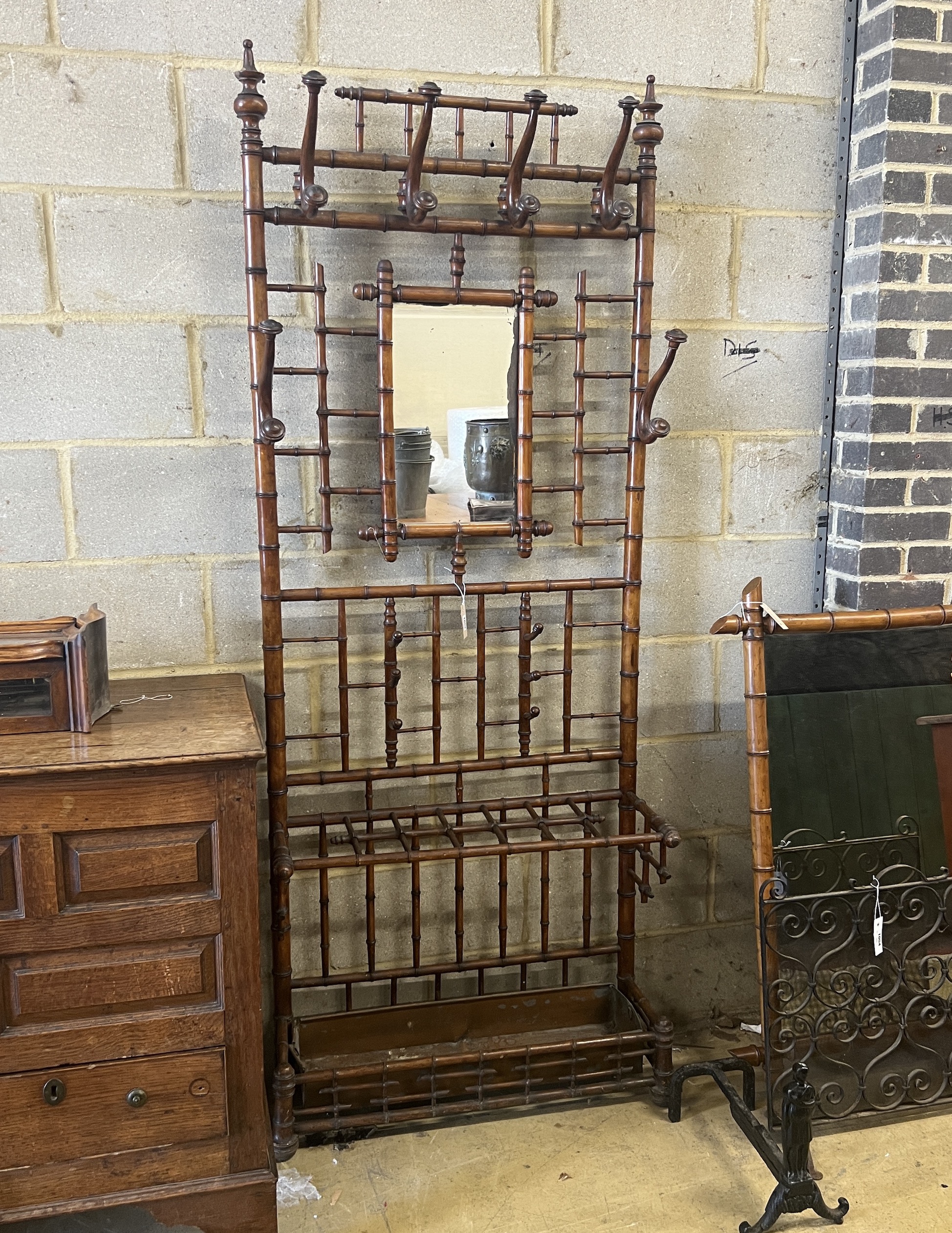 A late 19th century French faux bamboo mirrored hall stand, width 81cm, height 209cm